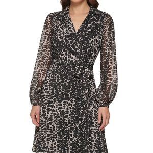 DKNY Faux Wrap Puff Sleeve Animal Print Chiffon Dress